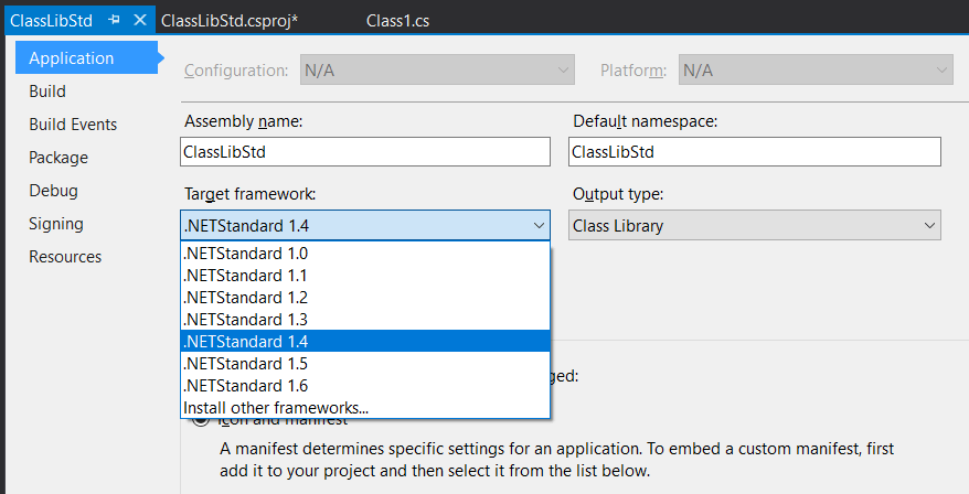 Choosing Target Framework Version (.NET Standard)