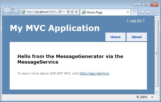 MVC View Displaying The Message Created By The The MessageService And MessageGenerator