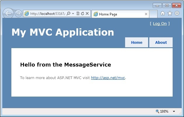 MVC View Displaying The Message Created By The MessageService