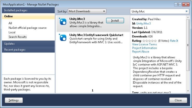 Manage NuGet Packages Dialog